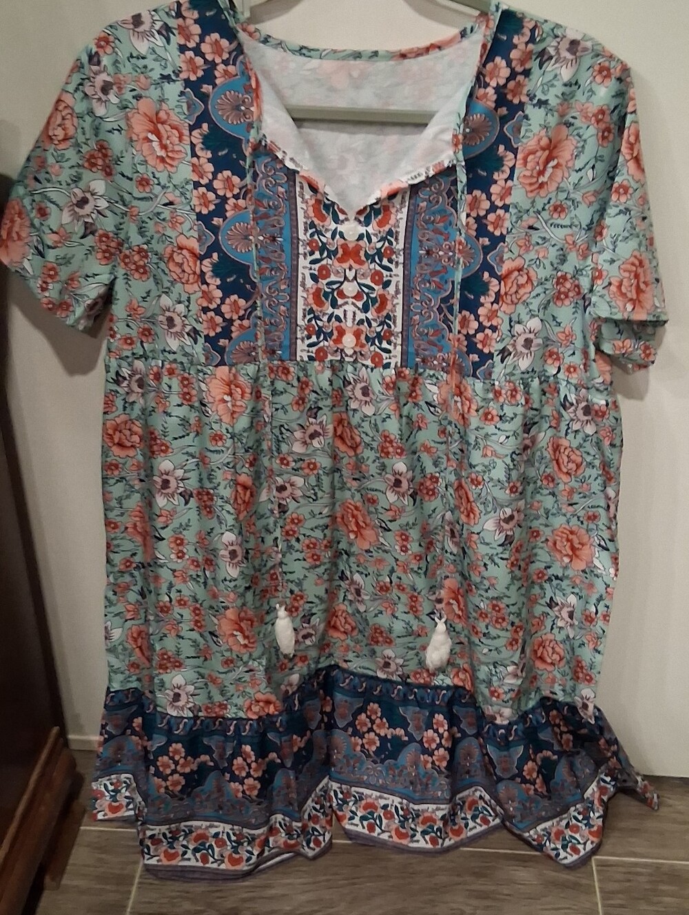 Mint Floral Boho Tunic with Navy Accents